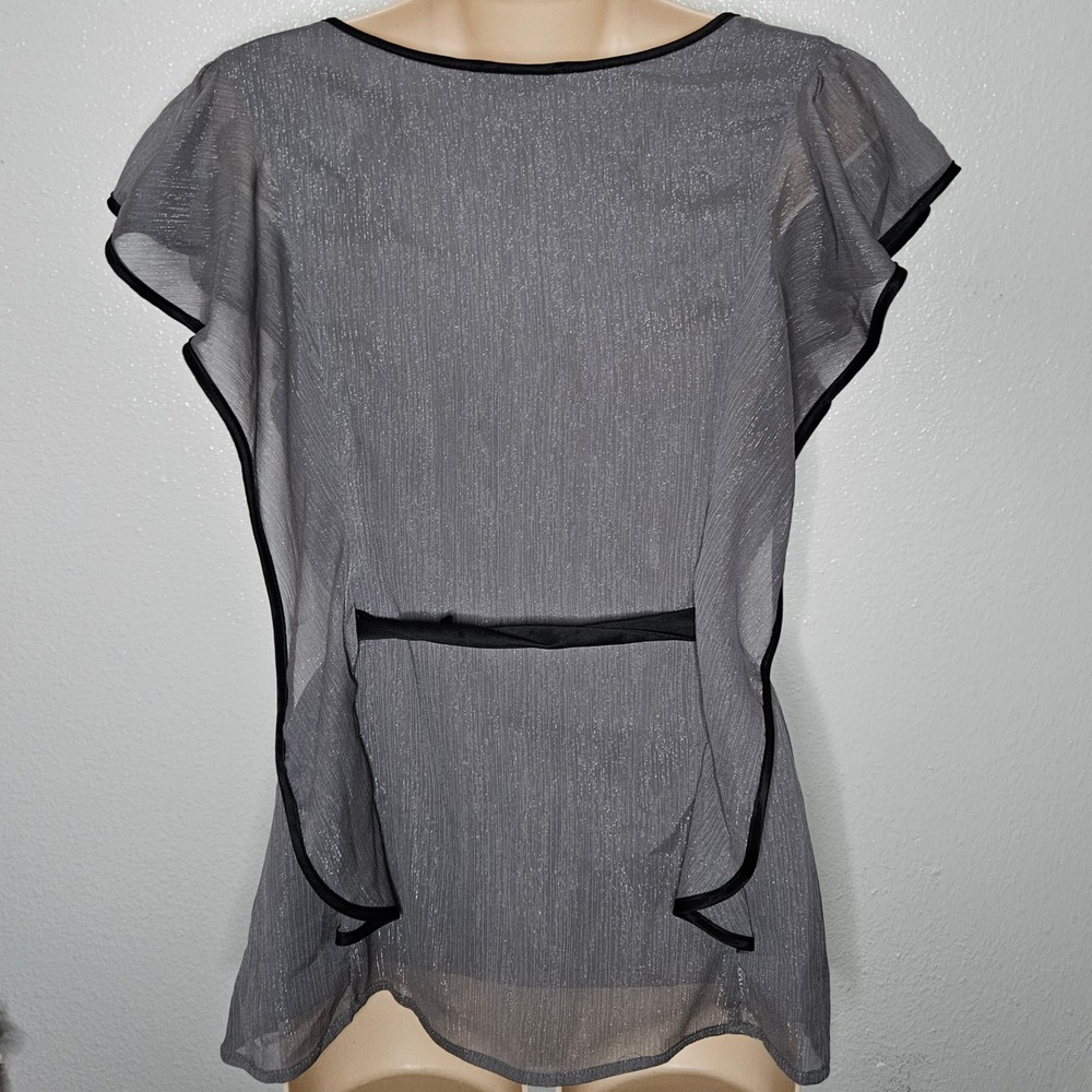 IZ Byer Metallic Silver Grey Ruffle Flutter Sleeve Blouse Satin Tie - Picture 2 of 7